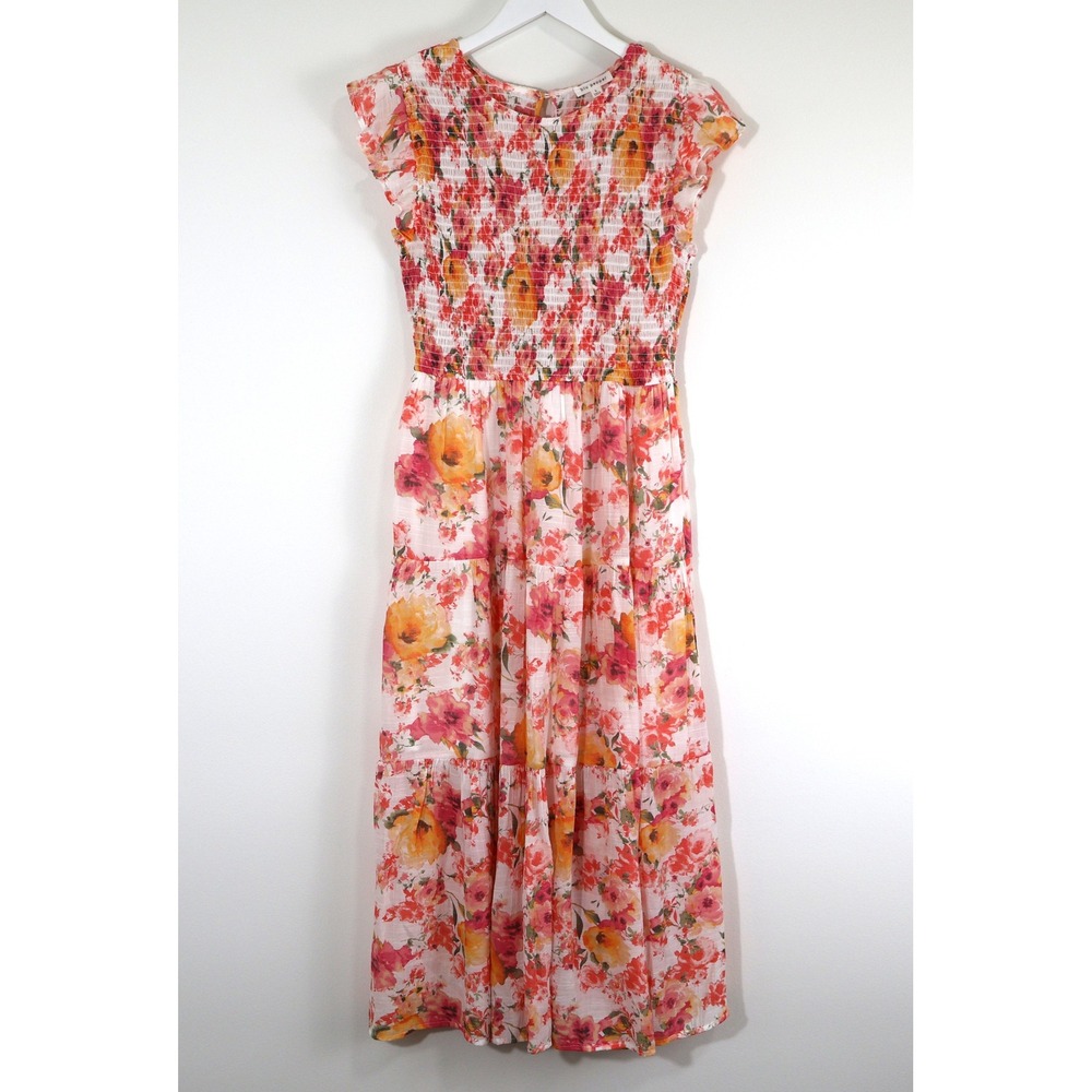 Blu Pepper Floral Smocked Maxi Dress Pink Orange Tiered Ruffle Cap Sleeve Large - Picture 1 of 9